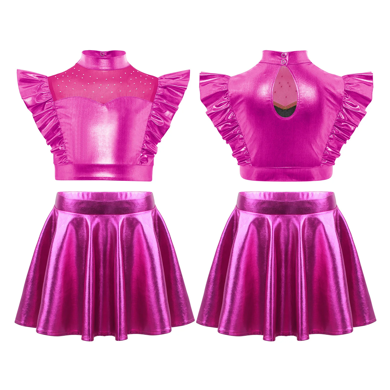 

Sparkling Disco Jazz Outfit for Girls Mock Neck Mesh Patchwork Crop Top with Rhinestones and Shiny Flared Skirt for Street Dance