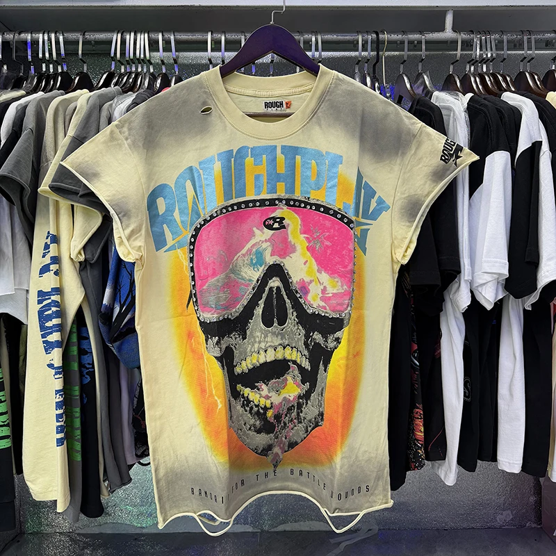 New Arrival Rough Play Men's T Shirt Vintage Washed Skull Print Distressed Hem Streetwear Hip Hop Short Sleeve Top