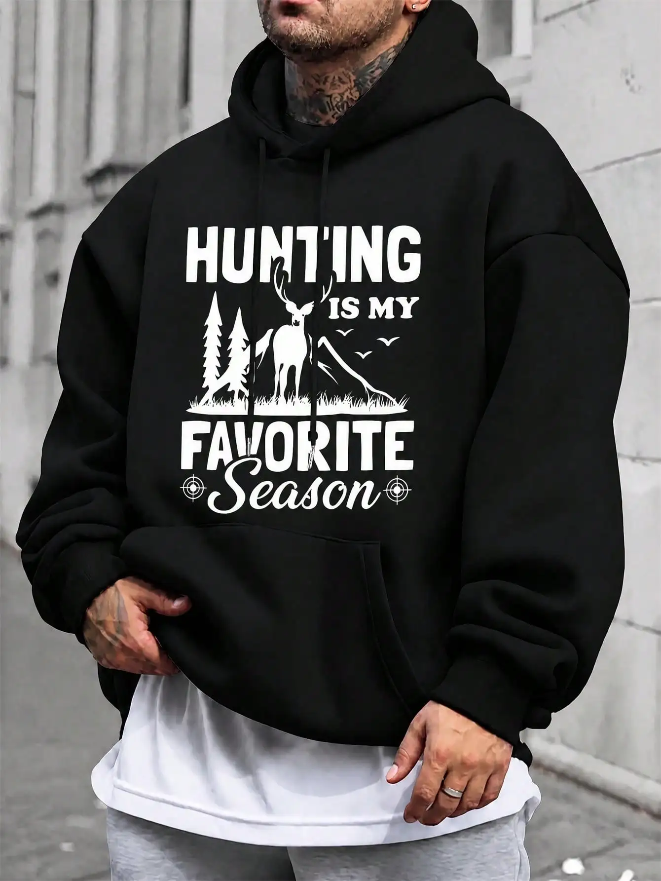 Men Outdoor Style Hoodie, Hunting Theme Deer Tree Slogan Print Pullover, Shape‑Retaining For Gym Camping Daily Commute Outdoor Business Occasions