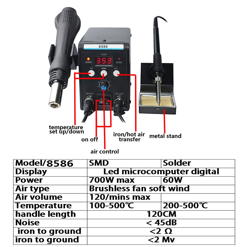 Eruntop-Estação de Solda Elétrica com Display Digital Hot Air Gun, Máquina de Solda, Ferramentas de Reparação, 8586