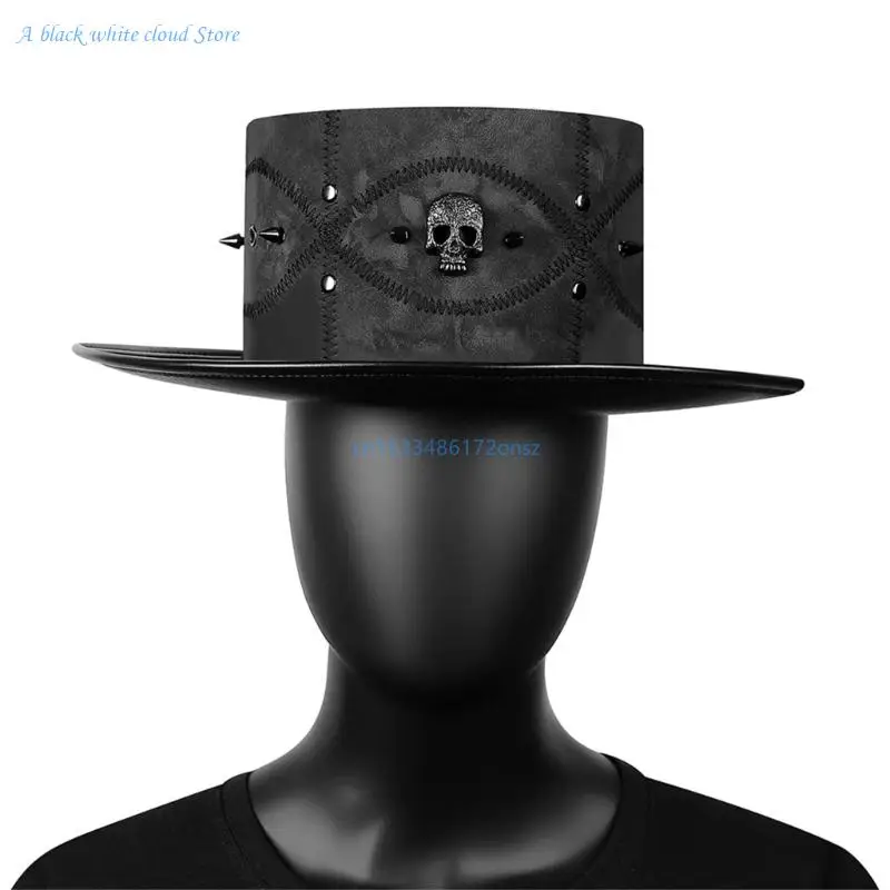 Gothics Steampunk Top Hat for Women Men Halloween Costume Hat with Skull & Rivet Decor Cosplays Party Accessories Black