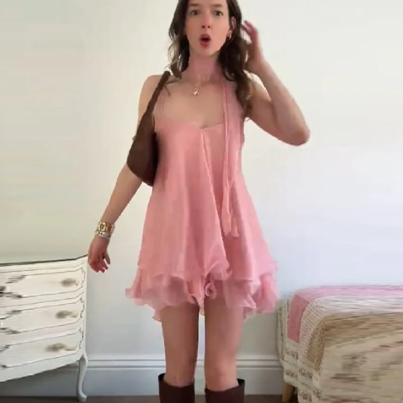 Sommerliches, sexy Trend-Minikleid aus Chiffon in Pink für Damen – Spaghettiträger, V-Ausschnitt, Rüschensaum, rückenfrei, süßes Party- und Urlaubskleid