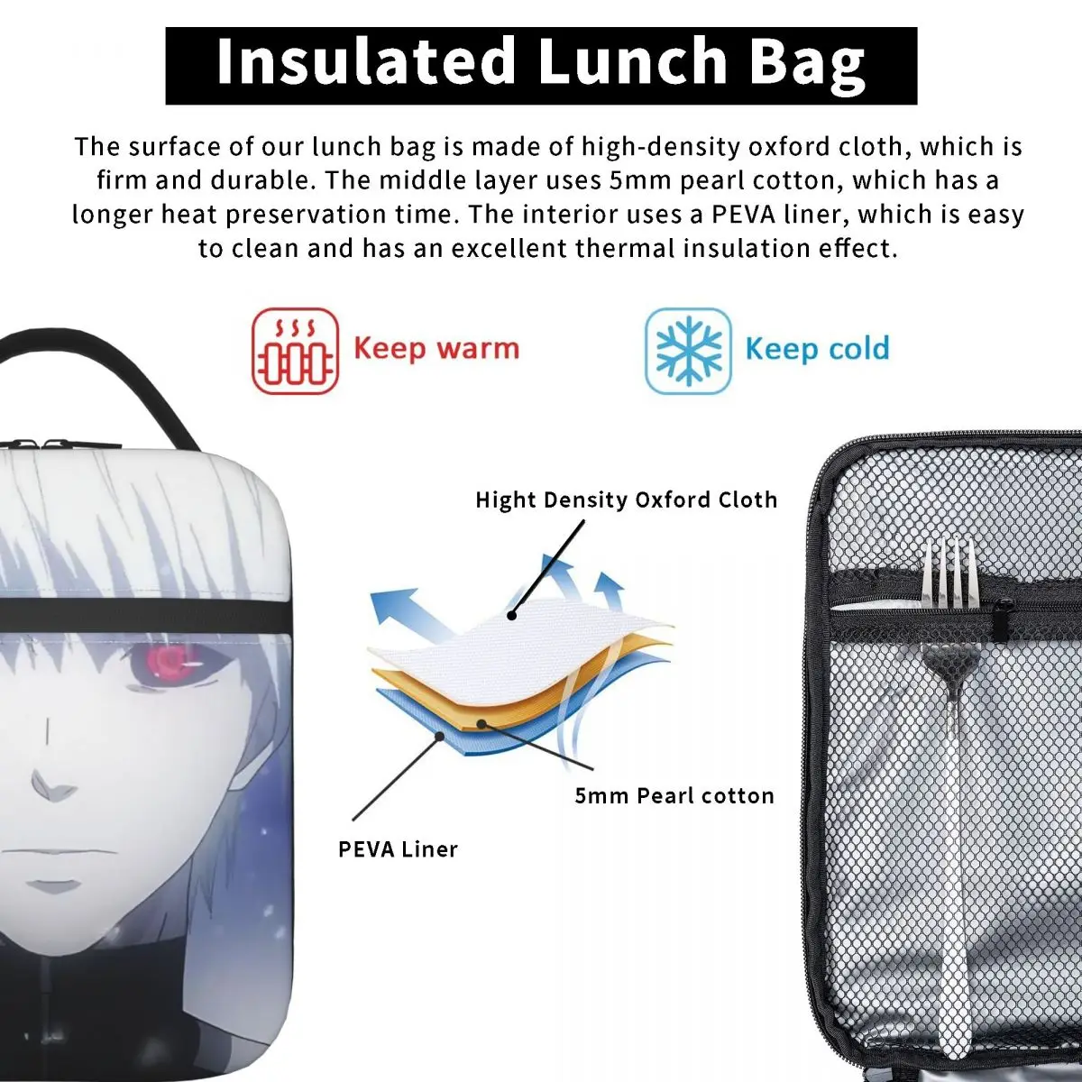 Anime Tokyo Ghoul (12) Insulated Lunch Bag for Women Children Portable Food Boxes Thermal Lunch Box Tote