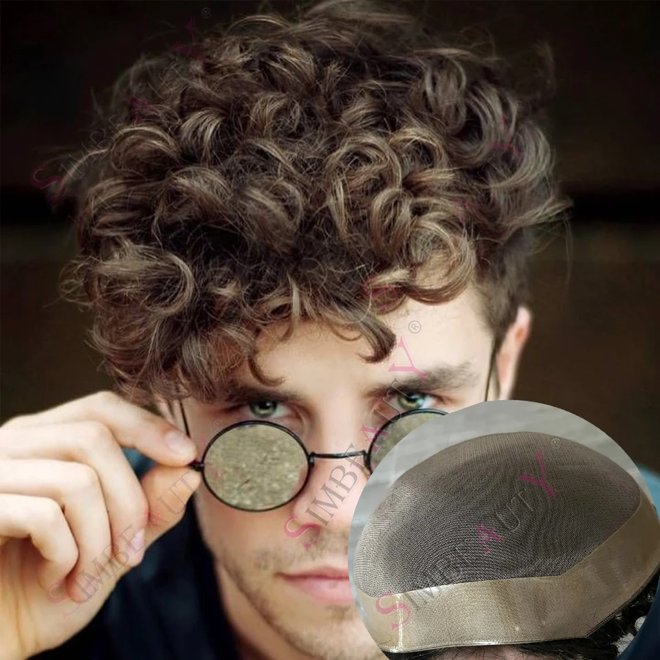 

20mm/26mm/24mm Loose Curly Men's Toupee Blonde Human Hair Durable Mono Lace&Undetectable PU System Prosthesis for Male Hairloss