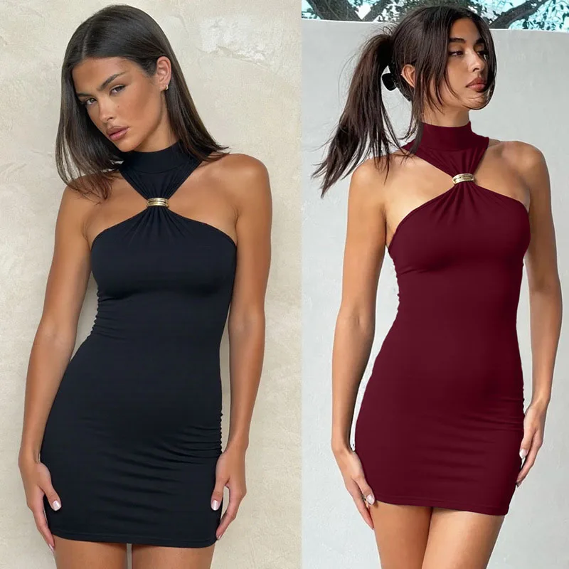 Sexy Rollkragen Off-Shoulder Damenkleid Modisch mit Metallknöpfen Ärmellos Figurbetont Sommer Y2K Party Einfarbiges Kurzes Minikleid