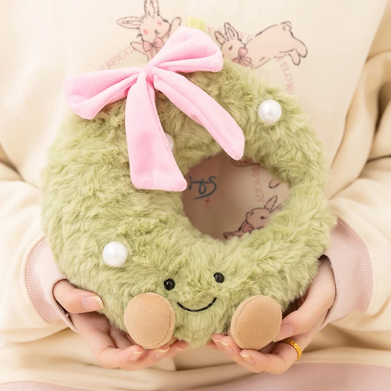 

Bowknot Plush Green Moon Wreath Pillow Soft Human Figured Cushion with Legs Smiling Face Plushie Christmas Decor Party Prop