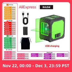 HILDA 2 Lines Mini Laser Level Self Levelling Green Beams Laser Horizontal & Vertical Cross-Line USB Charging