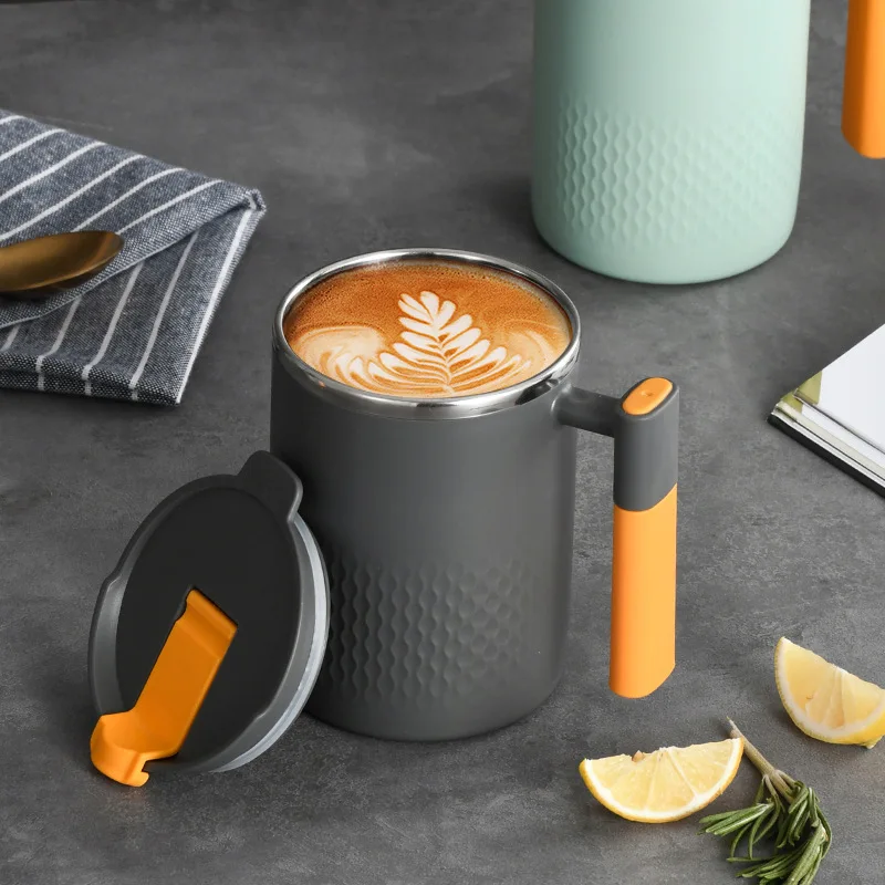 1PC 304 Stainless Steel Mug with Handle and Cover Leak-proof Thermos Cup Mug Portable Double-layer Anti-scalding Coffee Tea Cup