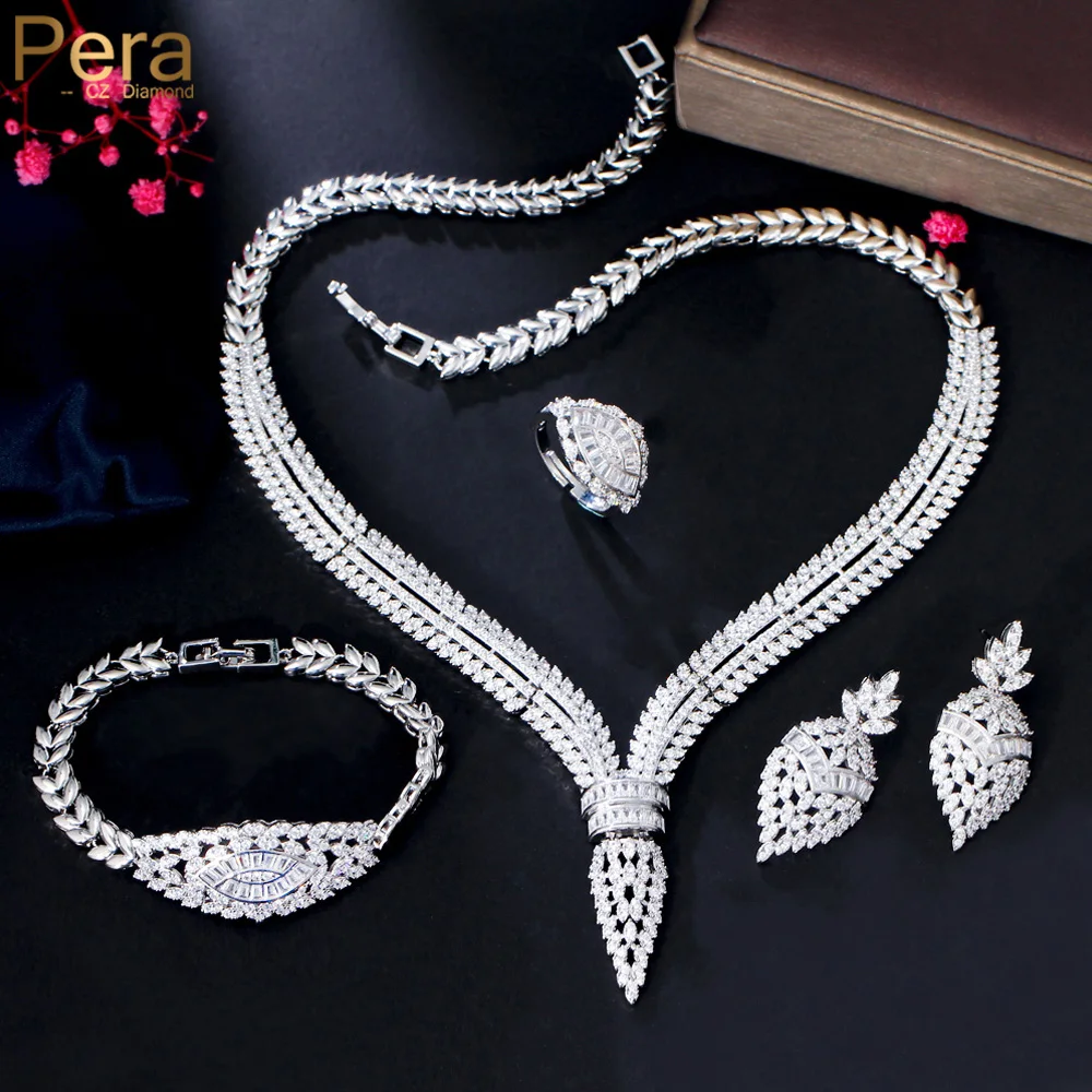 

Pera Magnificent White Gold Color CZ Stone Bowtie Design Nigerian Necklace Earrings 4Pcs Wedding Jewelry Sets for Brides J570