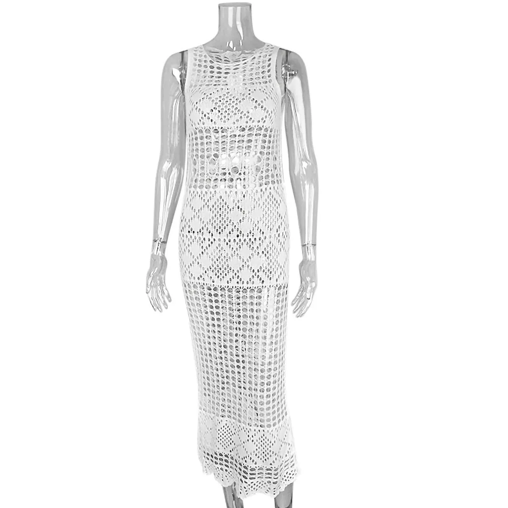 2023 Women Crochet Cover Up Bikini Swimwear Knit Hollow Out Beach Dress Swimsuit Solid Perspective Tunic Kaftan Sexy Pareo Beach