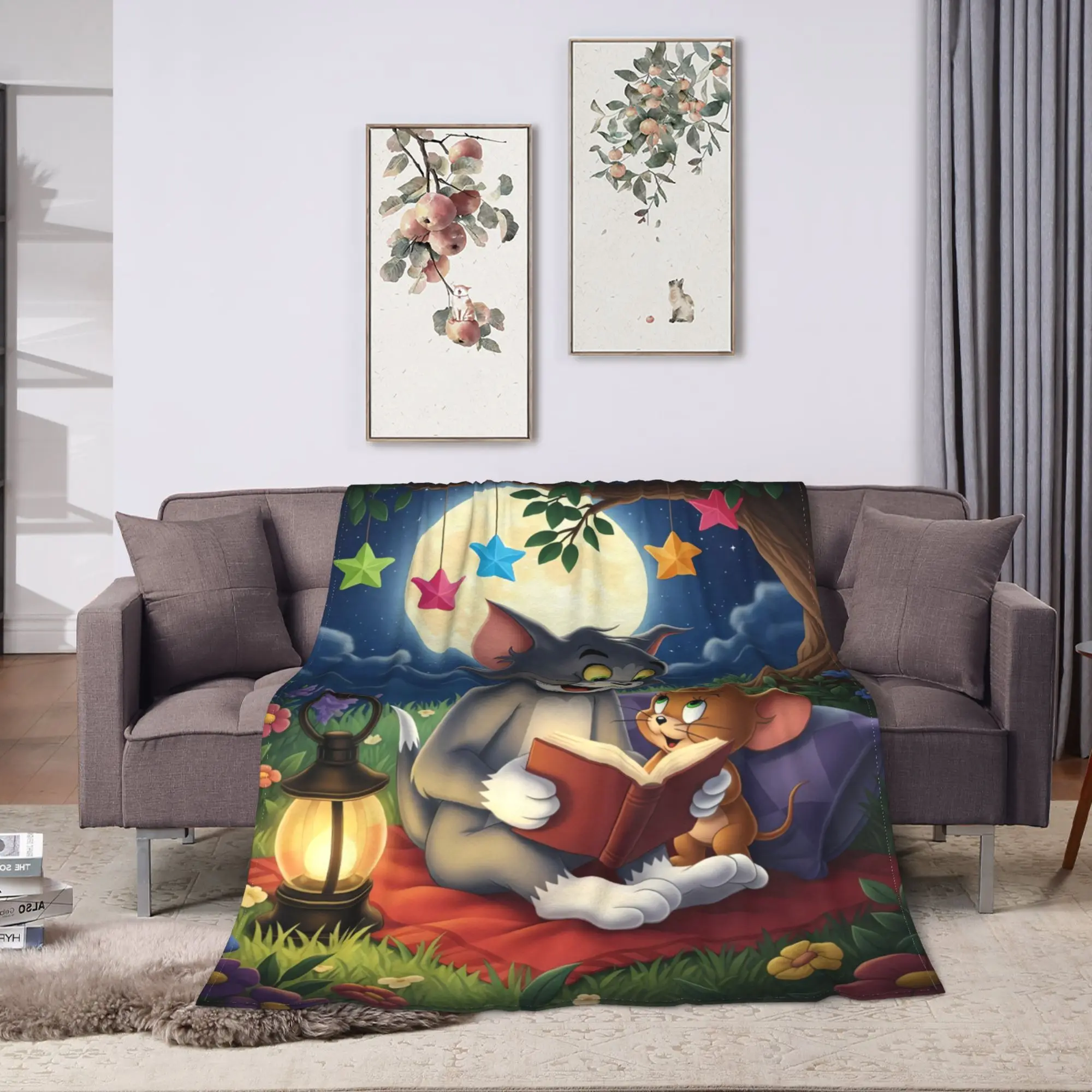 Tom Jerry Night Moon Anime Blanket  Warm Soft Comfortable Plush Throw Blanket For Child Living Room Flannel Bedspread Bed Cover