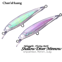 Chan’sHuang 20PCS Unpainted Blank Bait Shallow Diver Holographic Rattle Minnow 9cm 6.2g DIY Handmade Artificial  Fishing