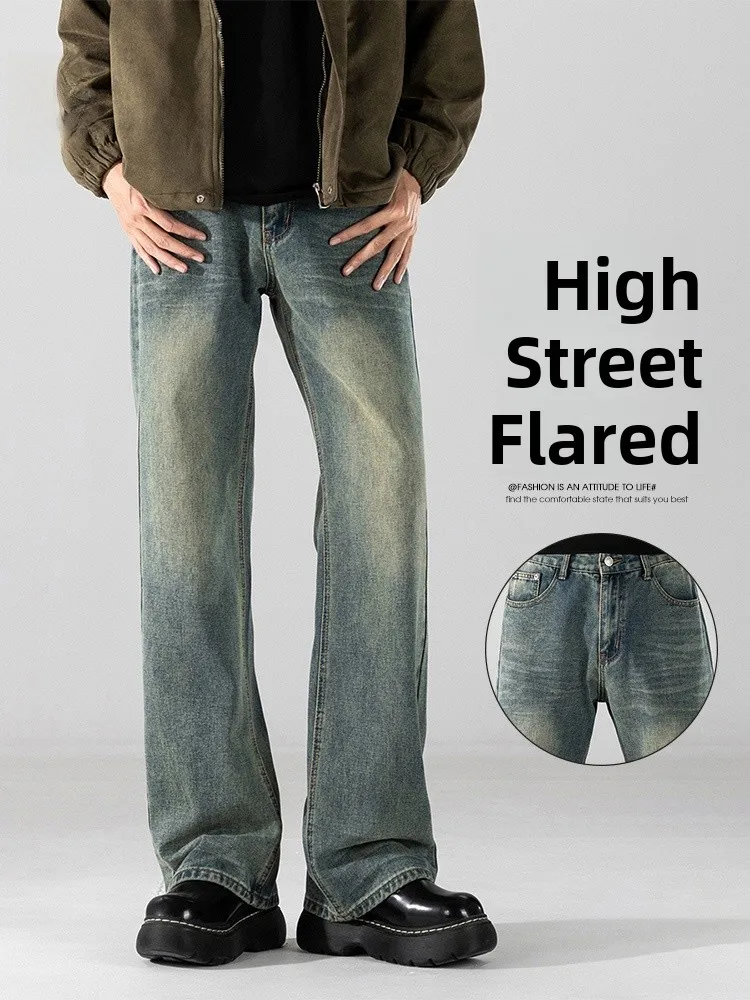 

Rampo Slimming American High Street Distred Straight Leg Jeans for Men Retro Waed out Faionable Casual Cotton Denim