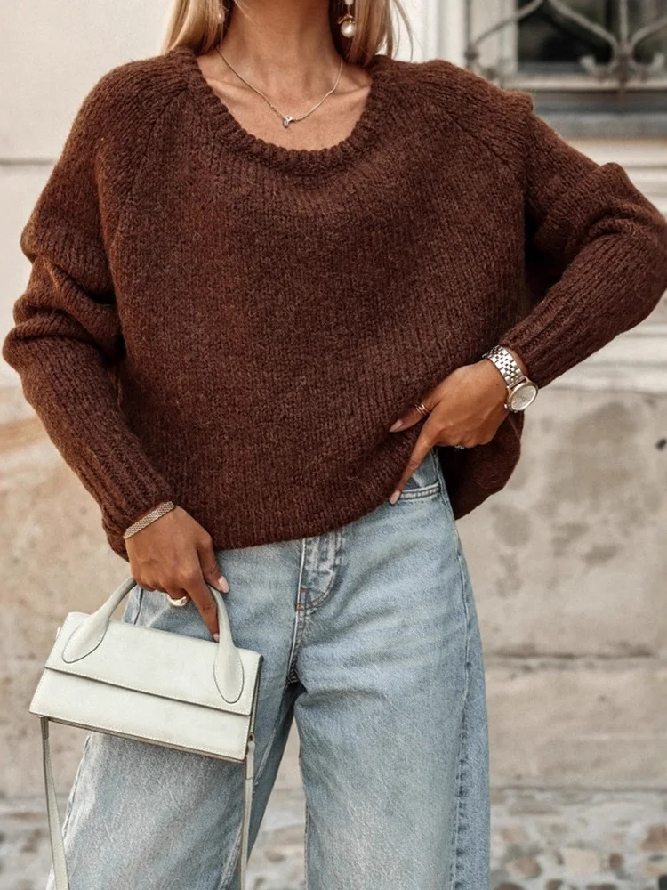 

Elegant Solid Color O-neck Knitted Pullover Sweater For Women 2025 Fashion Streetwear Long Sleeve Sweater