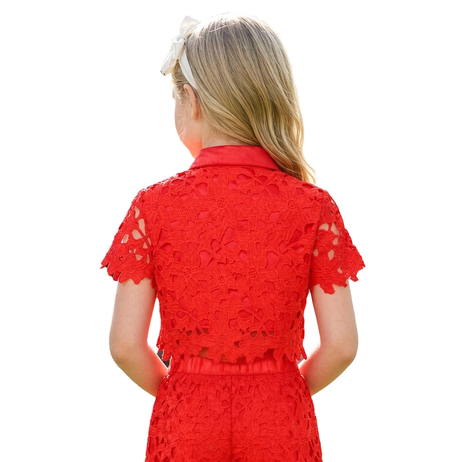 Children's Hollow Out Floral Lace Shirts Blouses Kids Girls Turn-down Collar Short Sleeve Button Crop Top Wedding Birthday Party