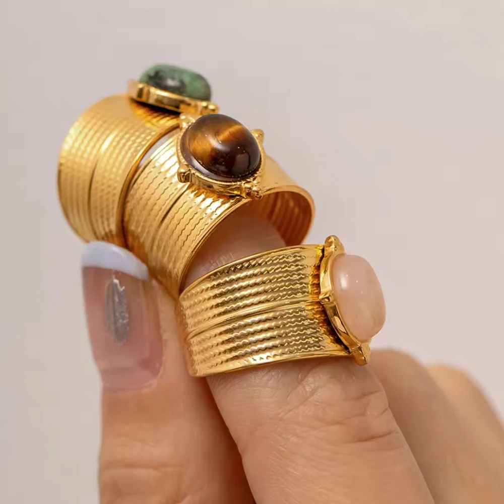 

Модное овальное кольцо из нержавеющей стали с зеленым натуральным камнем, регулируемое кольцо из нержавеющей стали с золотым геометрическим рисунком, повседневные ювелирные изделия, подарок