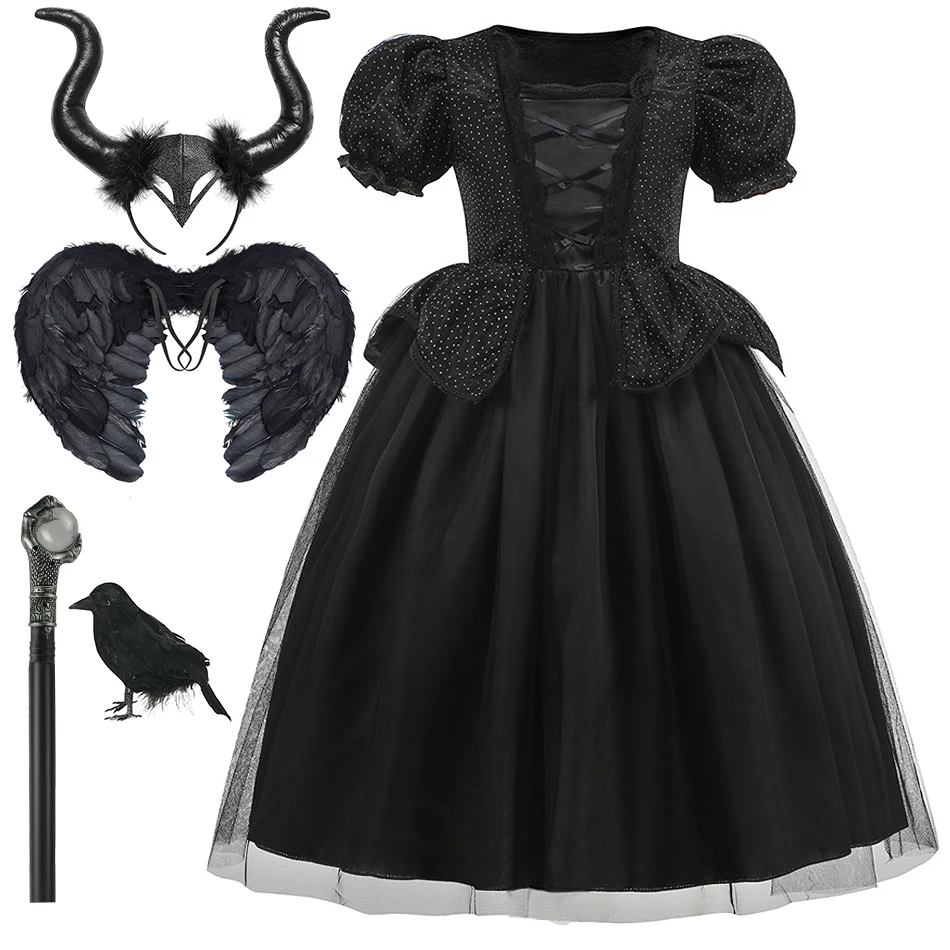 Evil Queen Halloween Cosplay Costume Girl Black Witch Princess Dress Kid Birthday Carnival Party Clothes Stage Performance Frock