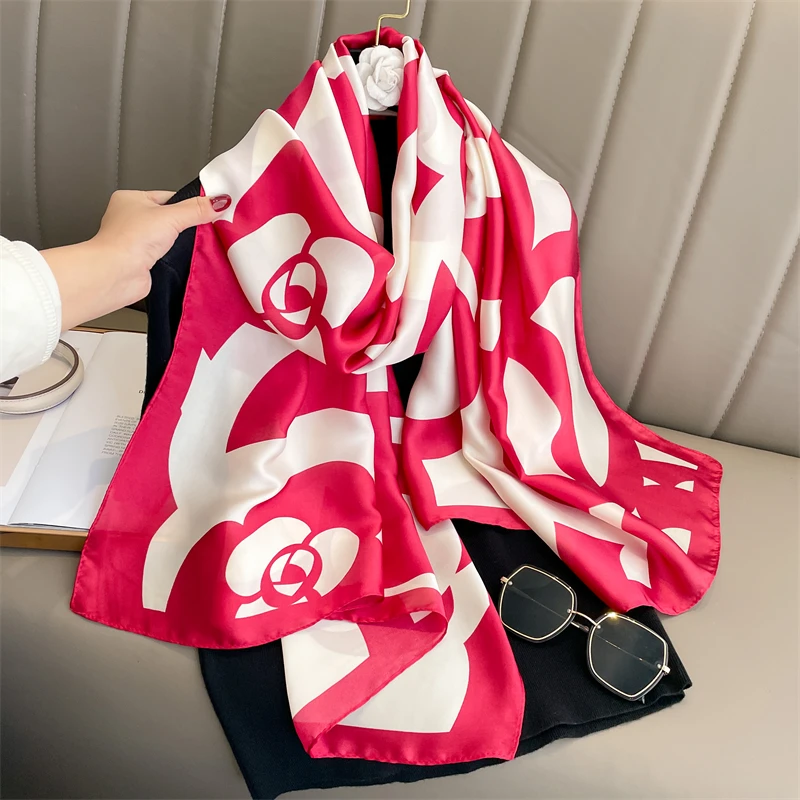 Fashion 180x90cm Satin Silk Scarf Women Luxury Large Shawl Wrap Muslim Hijab Headband Beach Stoles Female Bandana Foulard Turban