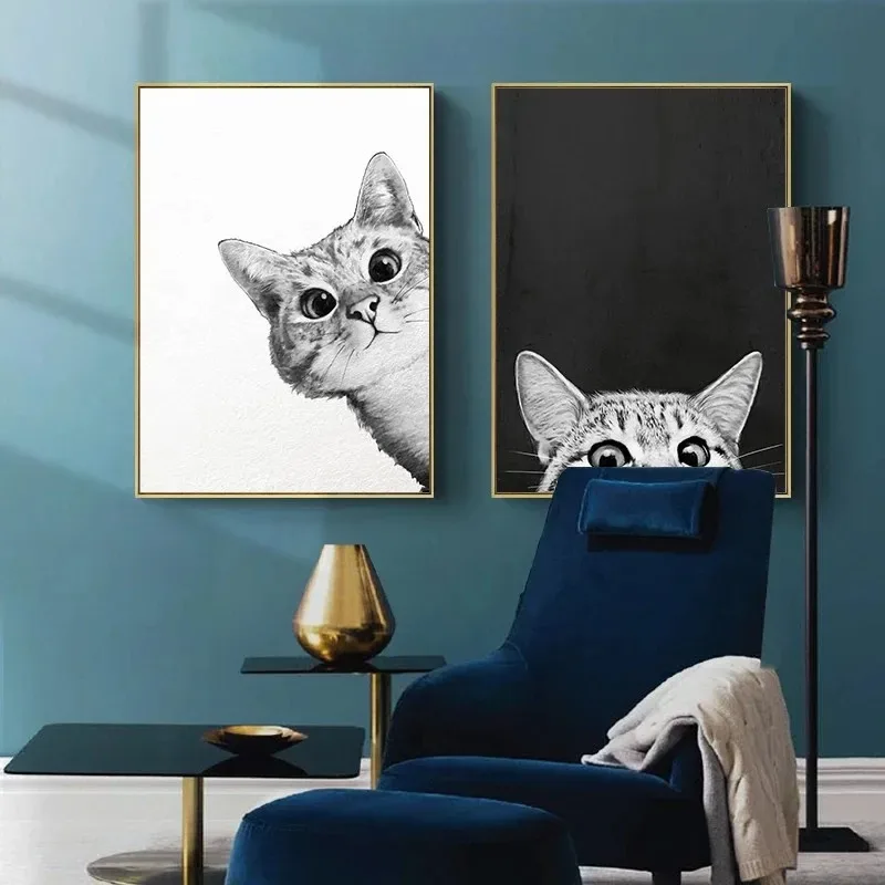 Pintura en lienzo de estilo nórdico Simple, carteles e impresiones de gato de dibujos animados, arte de pared en blanco y negro, imágenes para habitación de niños, decoración del hogar