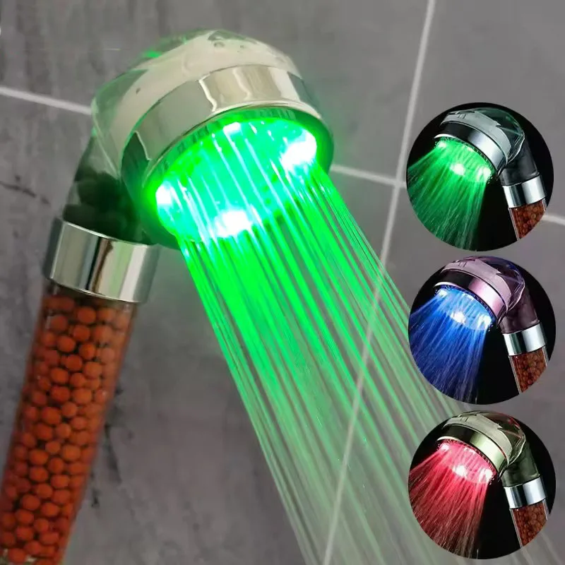 

LED Temperature Control Colorful Pressure Boost Shower Head Set 3/7 Color Change One-Key Stop High Pressure Handheld Showerhead