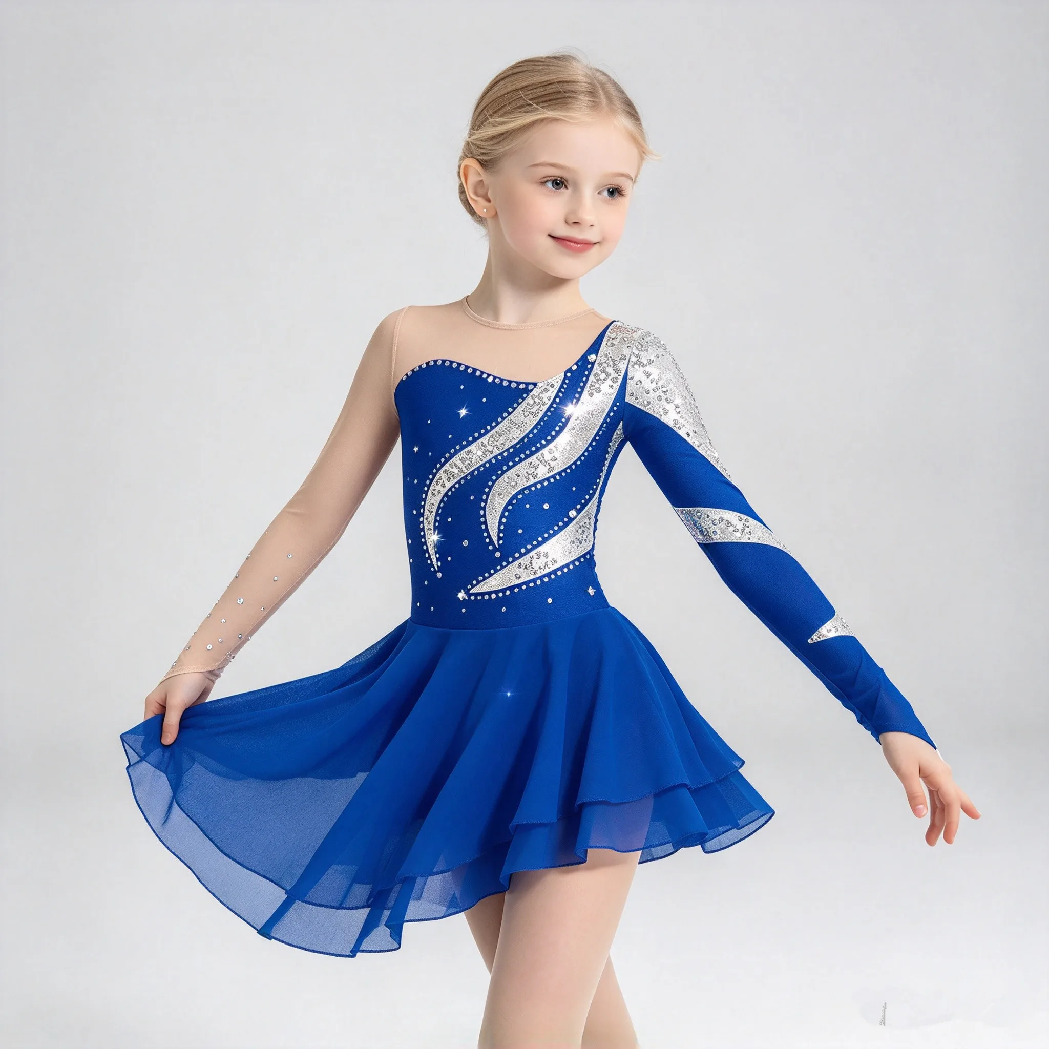 Kids Girls Artistic Figure Skating Ballet Tutu Ballroom Dance Dress Shiny Rhinestone Gymnastics Ballet Lyrical Leotards Costume