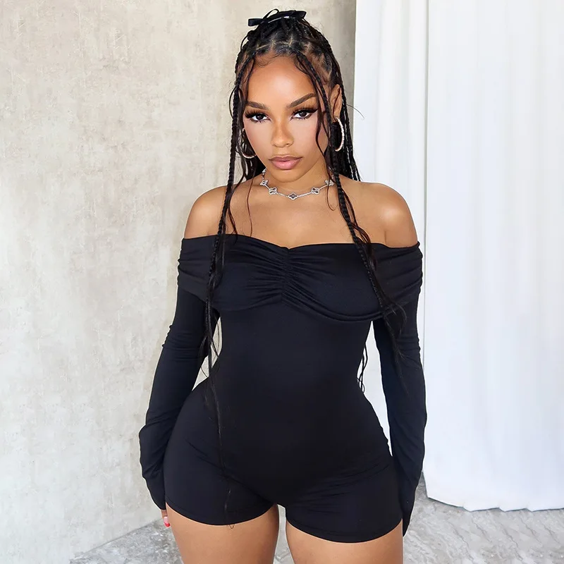 

New Women's Clothing with One Shoulder Pleats Long Sleeves Tight Fit High Waisted Temperament One-piece Shorts for Women