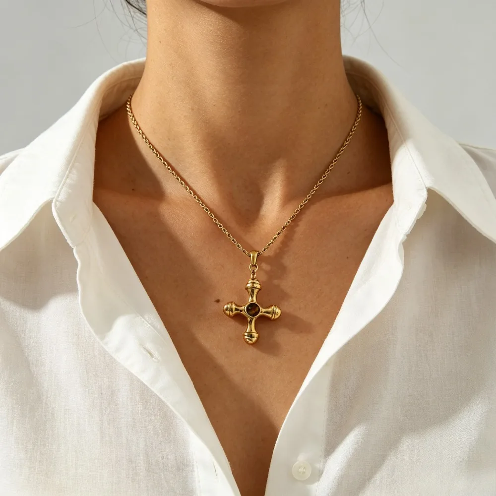 Vintage Chunky Column Cross Green Zircon Tiger Eye Texture Zircon Twist Rope Necklace 316 Stainless Steel Gold Heavy Zircon Cros