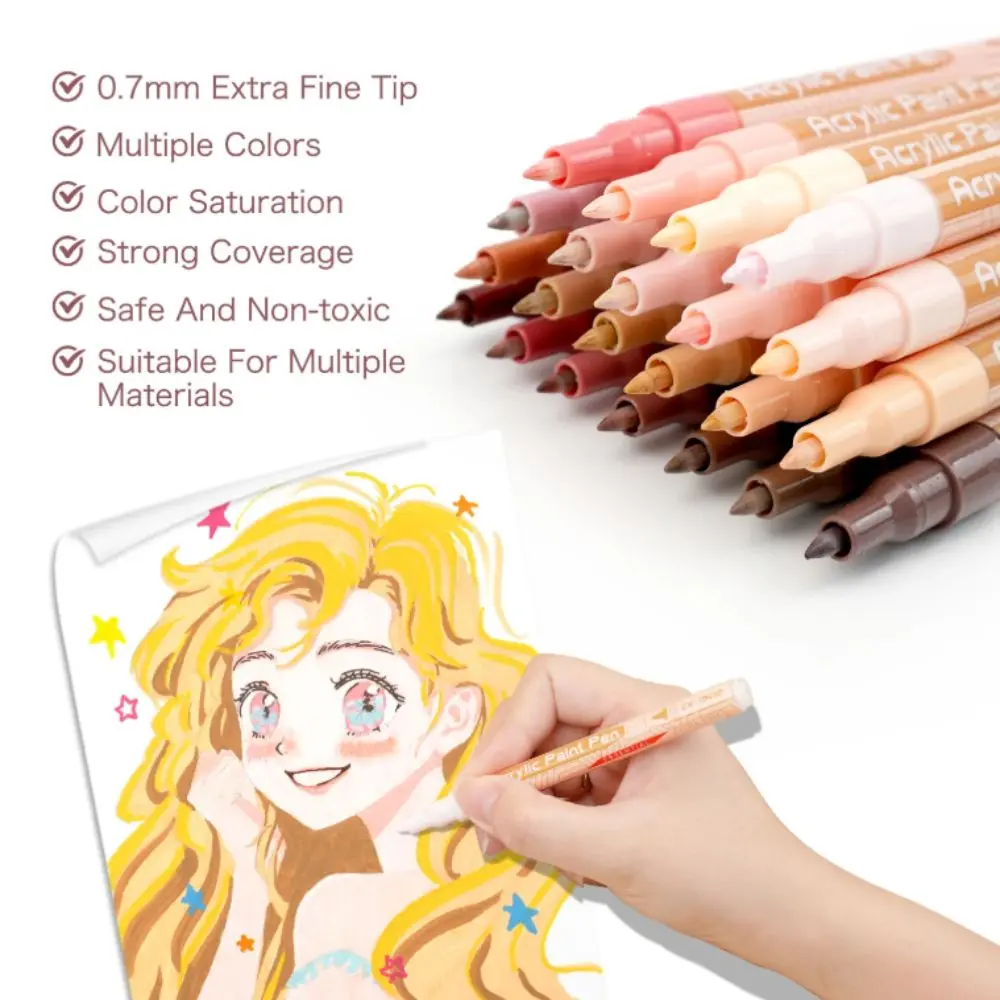 22 Colors Acrylic Paint Markers Gray/Skin Tones DIY Crafts Acrylic Paint Pens 0.7mm Extra Fine Tip Coloring Painting Markers Set