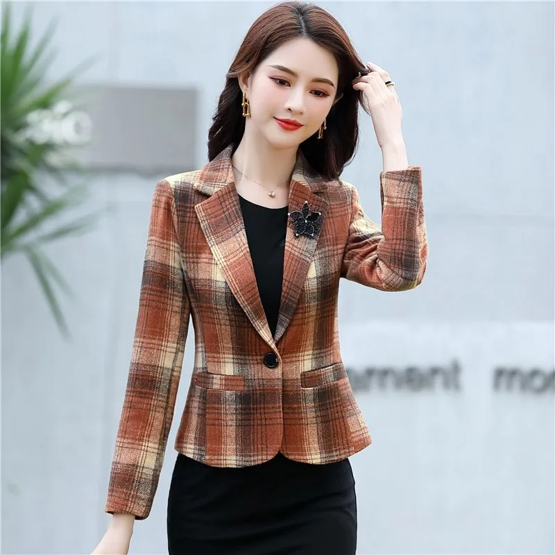 

Plaid Woolen Women's Short Slim Fit Vintage Artistic Blazer Fashion 2025 Spring Autumn Daily Commute Casual Single Button Coat