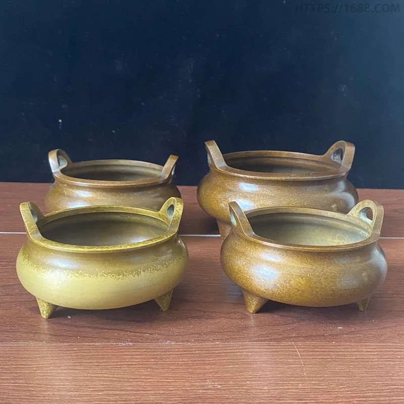 

Copper Xuande Ornament Round Double-Eared Three-Legged Incense Burner Tea Ceremony Aromatherapy Furnace H