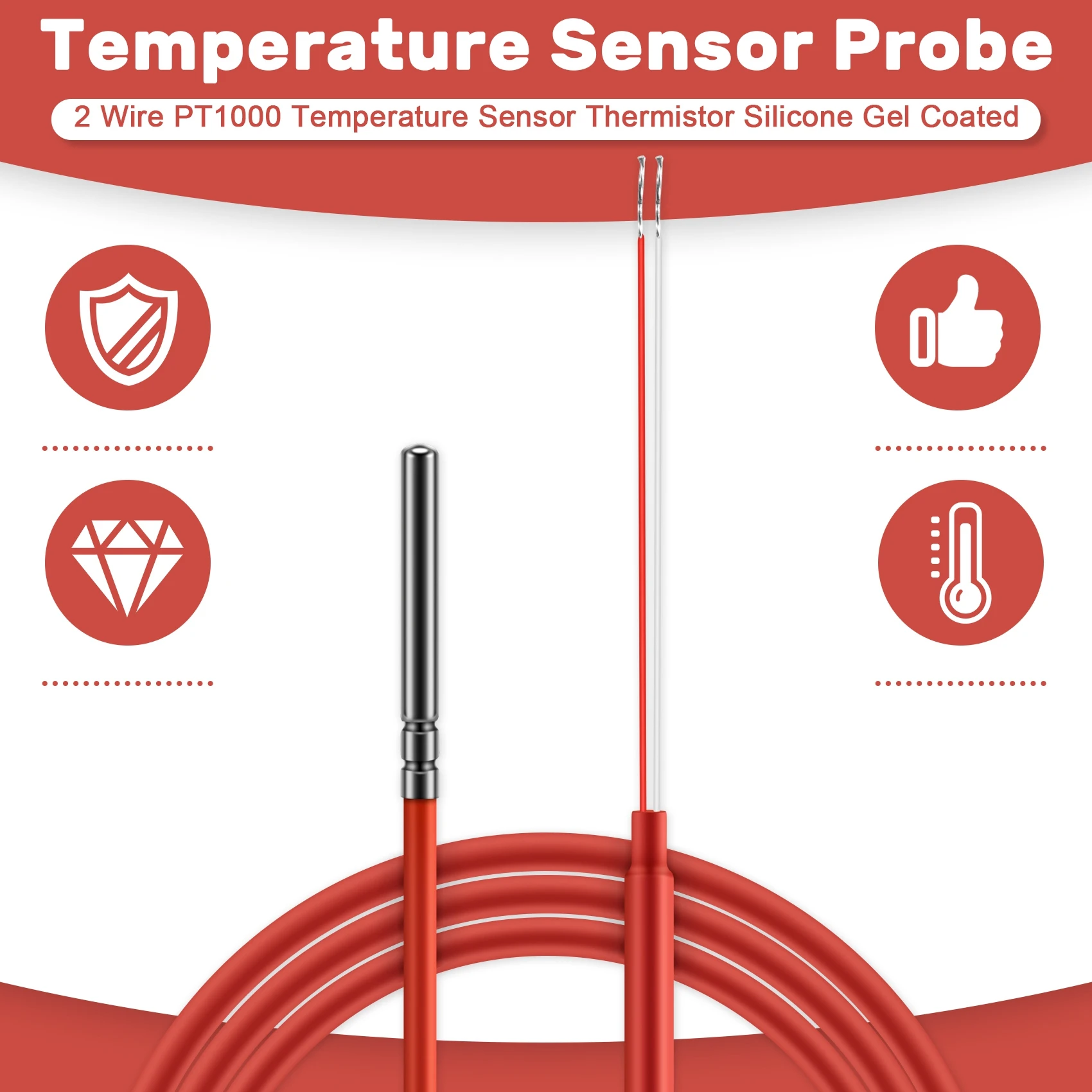 RUAI 2 Wire PT1000 Temperature Sensor Thermistor Silicone Gel Coated 1.5Meters Probe 45mm x 5mm -50-180 Centigrade RTDs