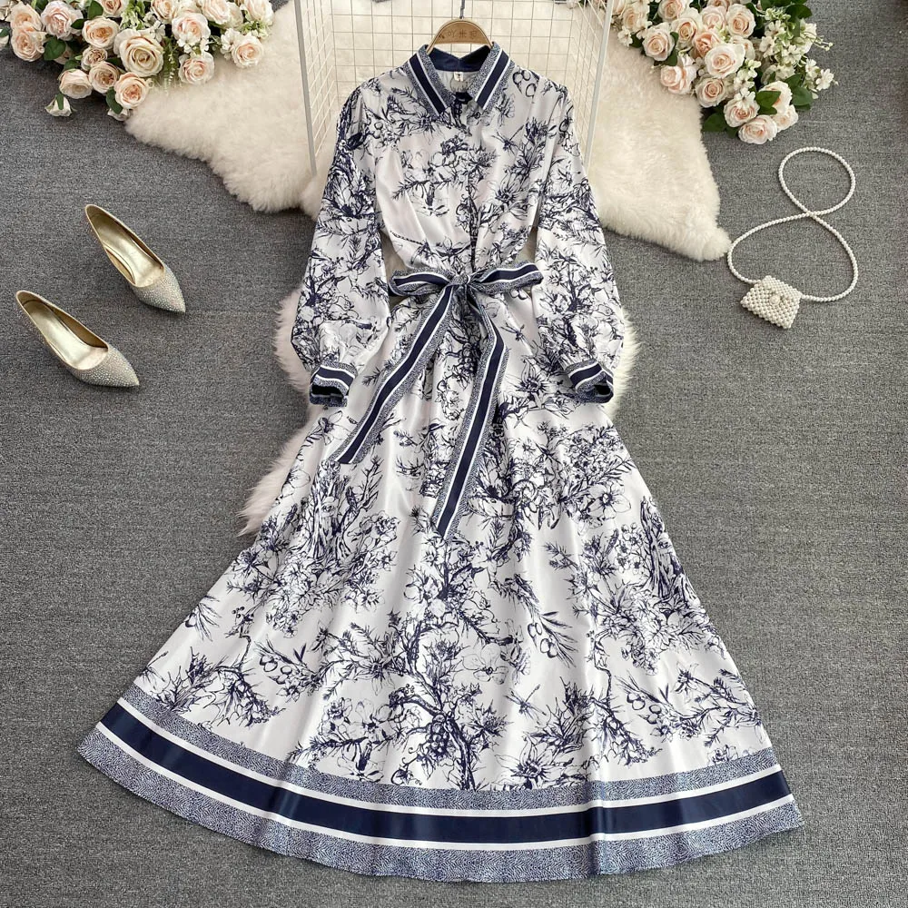 

Autumn New European and American Polo Collar Waist Position Printing A-line Dress Luxury Designer Large Swing Long Dress