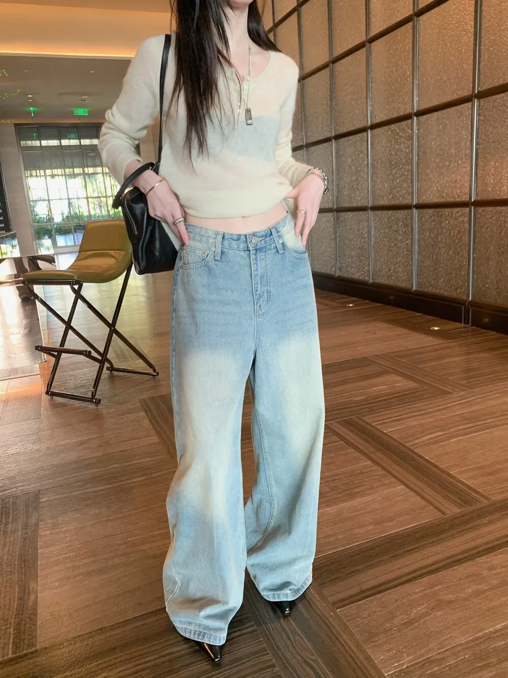 

Джинсы женские Lilian с высокой талией, утягивающие, градиентные, выбеленные, свободного кроя, широкие штанины, на молнии, с высокой эластичностью, осень-весна