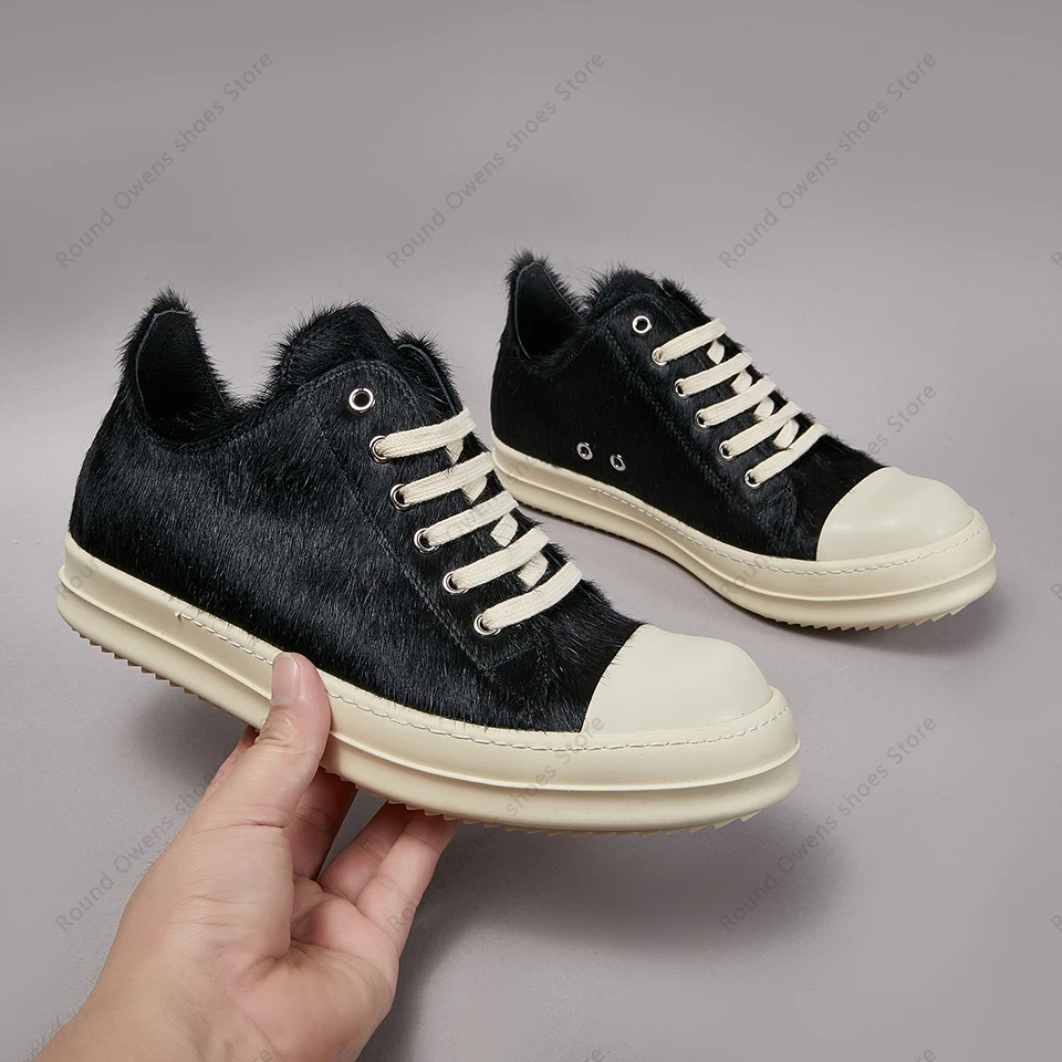 

Casual Shoes Men Low Top Quality Ro Black Leather Horse Fur Hair Lace Up Thick Sole Luxury Designer Women Brand Flat Sneakers