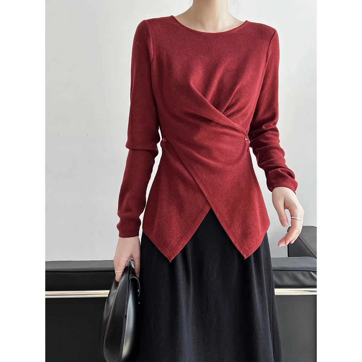 

Korean Knit Top Asymmetric Cross Waist Knit Sweater Fitted Long Sleeve Knitted Pullover Layering Soft Stretch Ribbed Blouse
