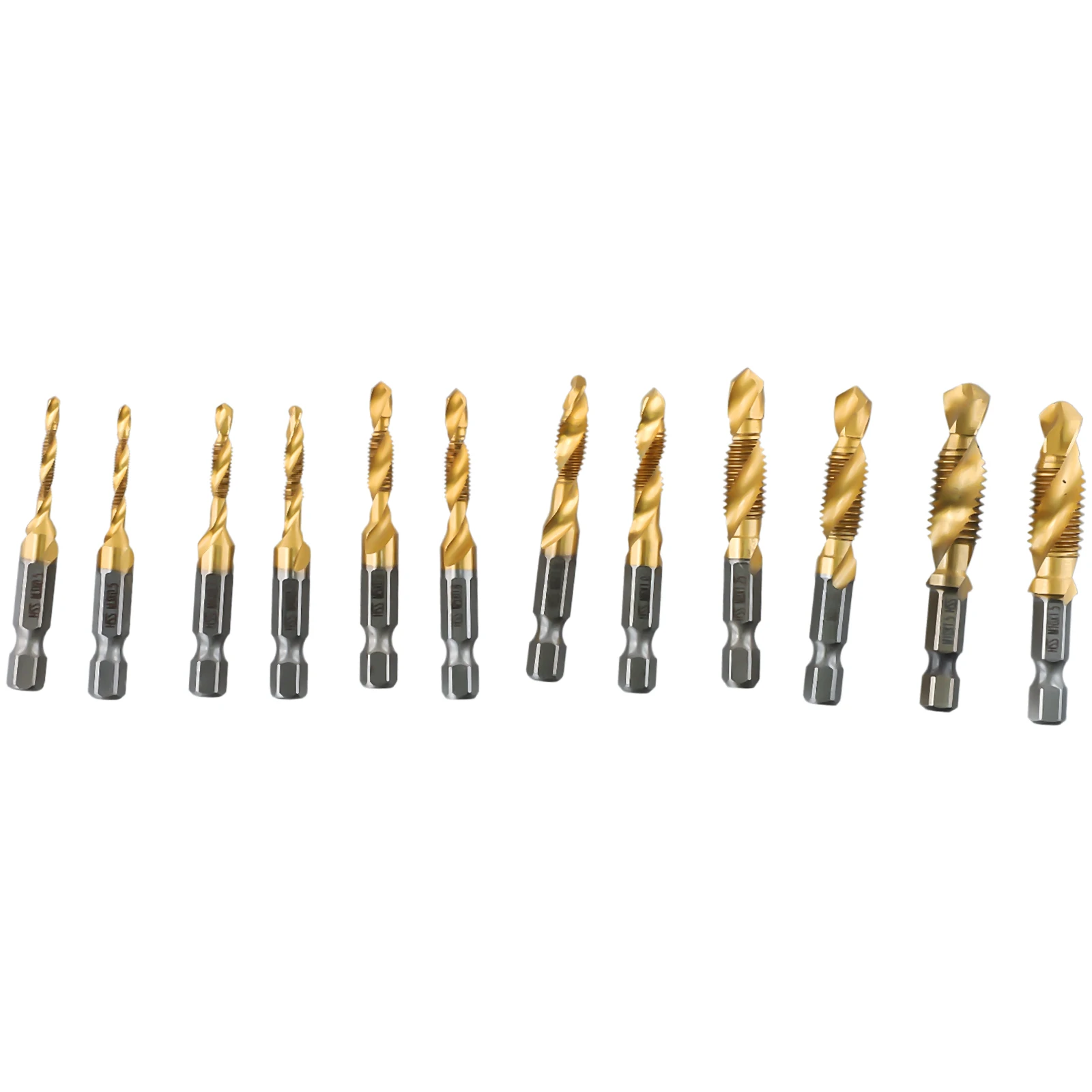 Power Tools Tap Drill 12pc Compound Tap HSS Screw Hex Shank M8x1.25mm Thread Metric Tin Alloy Wood Accessories