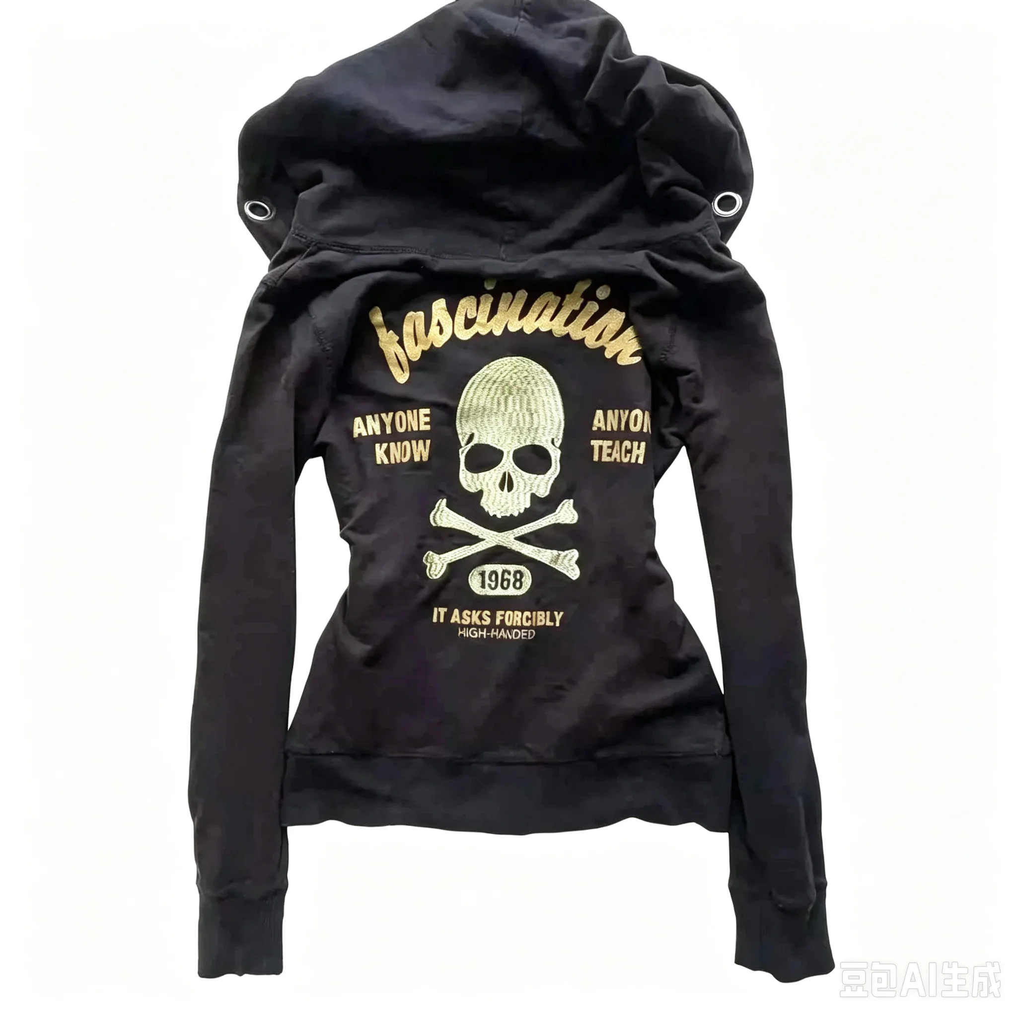 Y2K Goth Punk Zip Up Sweatshirt Embroider Skeleton Cross Bones Pattern Gold Lettering Hoodies Women Winter Streetwear Top Jacket
