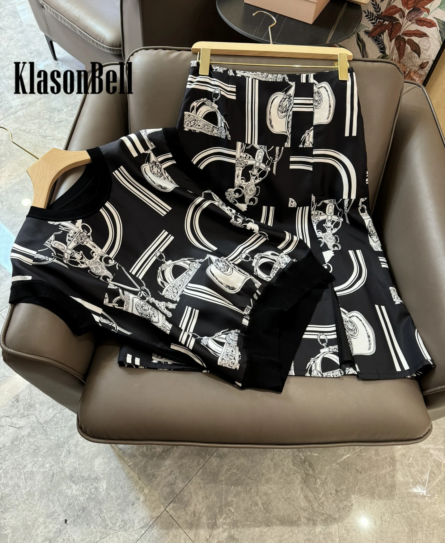 3.16 KlasonBell Geometric Print Silk Spliced Knit Hollow Out Breathable O-Neck T-Shirt Or High Waist Split Skirt Set Women