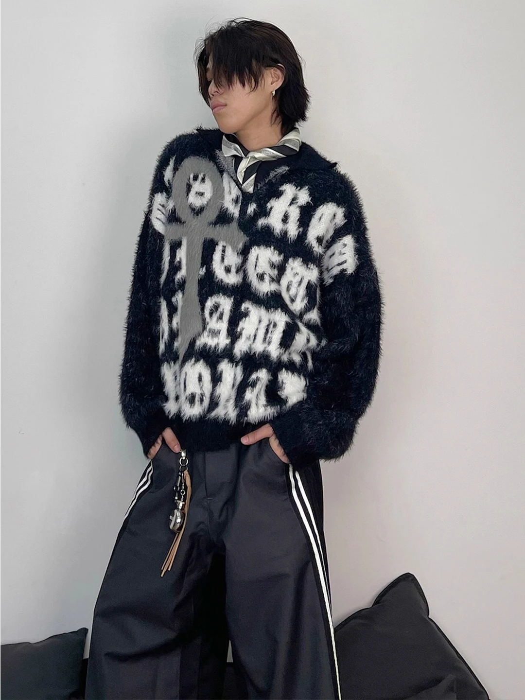 

Retro American Mink Letter Embroidery Collar Sweater Men's Loose Casual Lazy Soft Knitted irt Autumn Winter Faion Sle