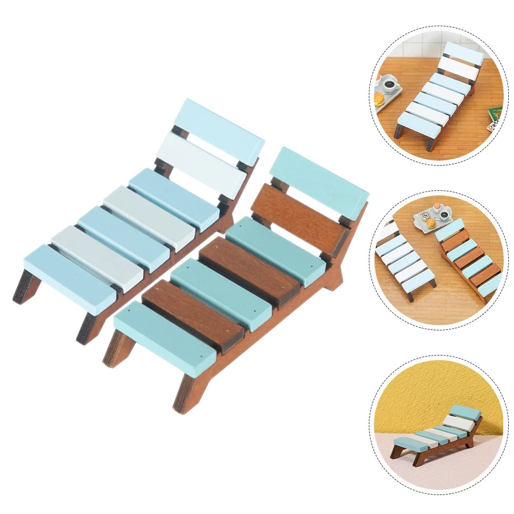 

2 Pcs Mini Beach Lounger Miniature Chair Miniatures Chairs Model Recliner Birch Dollhouse Micro Landscape Deck Reclining Camp