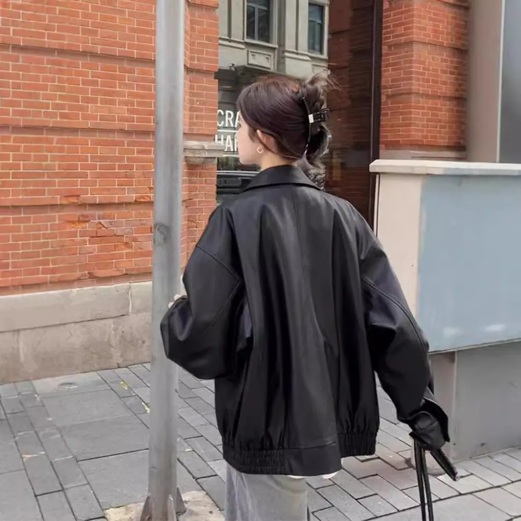 여성용 갈색 가죽 재킷 레트로 홍콩 스타일 가을 겨울 신상 플러스 벨벳 마이야르 모터사이클