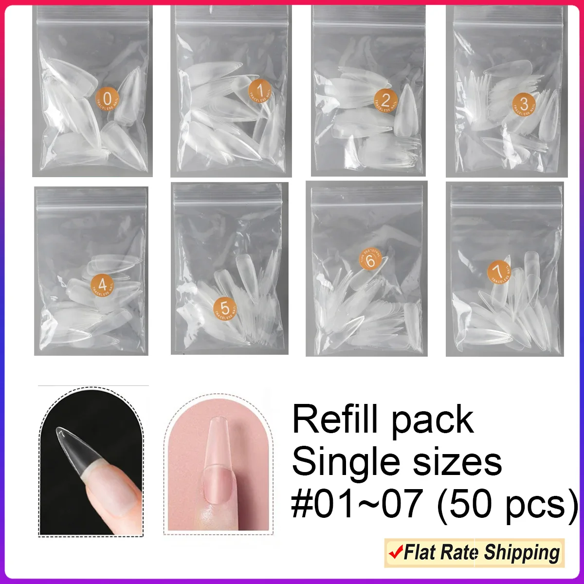 

50 Pieces Refill Pack Single Size Coffin Almond Stiletto No Trace False Nail Tips Traceless Long Acrylic Fake Nail Tips