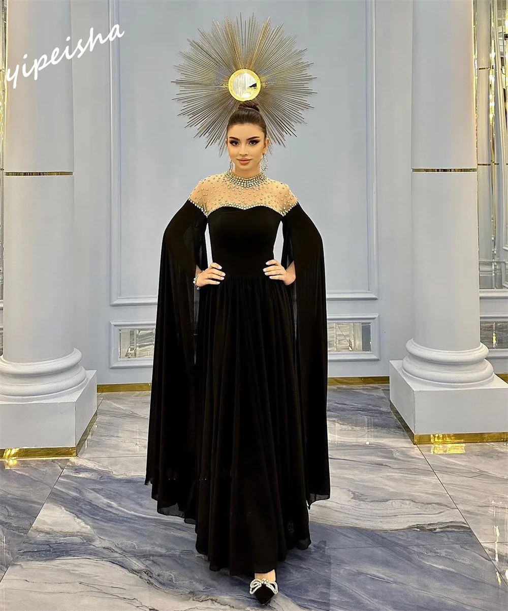 Prom Dress Saudi Arabia   Exquisite High Collar A-line es Rhinestone Vertically Chiffon Customized