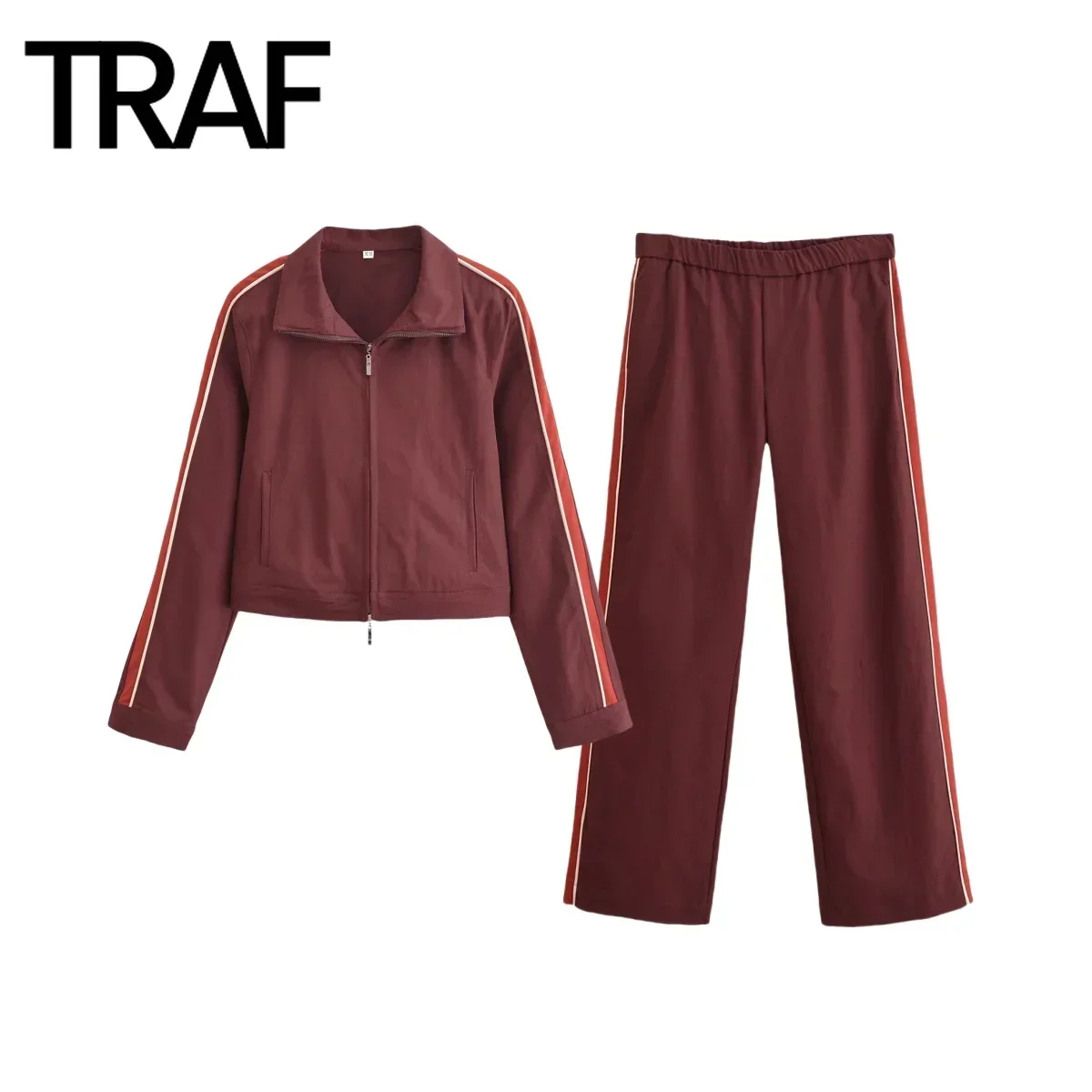 TRAF Two-piece Set for Women Fashion Autumn Winter New Side Striped Long Sleeve Lapel Zip Ladies Jacket Coat Casual Pants