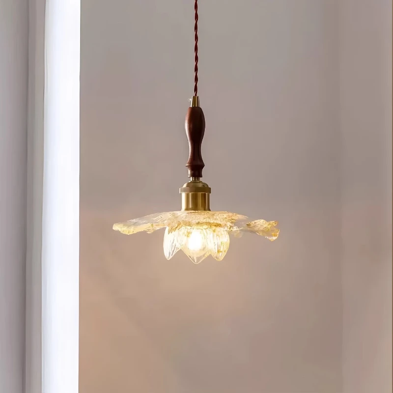 

French antique bedroom bedside small chandelier petal resin gold foil walnut solid wood bar dining chandelier