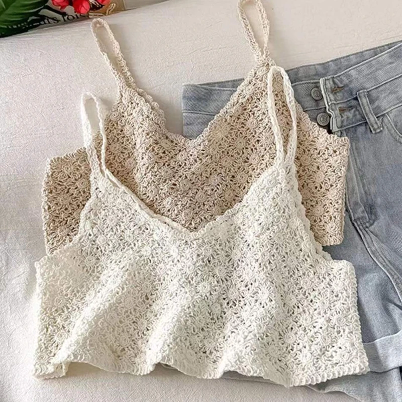 Women Vintage French Crochet Sleeveless Camisole Vintage Hollow Out Knit Floral Crop Top Sexy V-Neck Beach Mini Vest