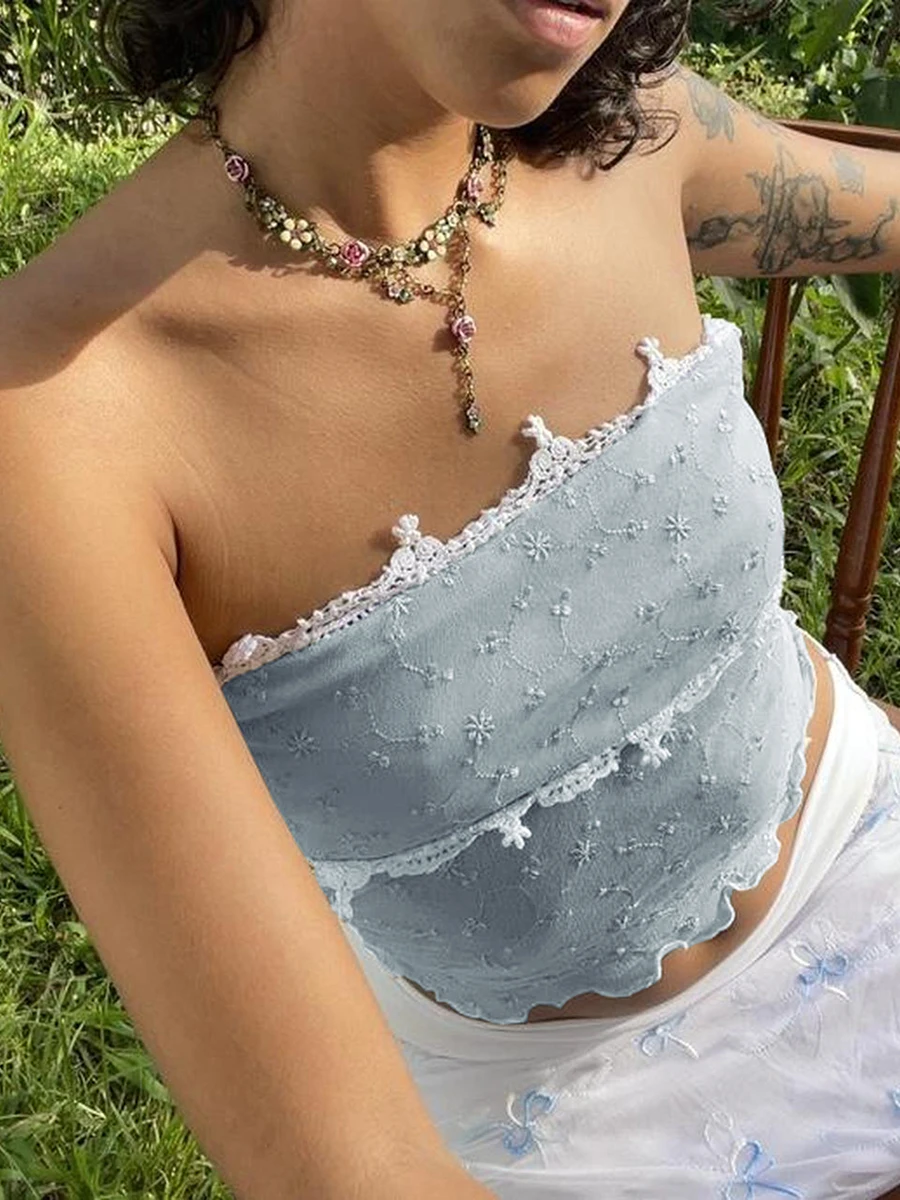 Frauen Blumen Spitze aus Schulter Crop Tops sexy träger lose Mesh bestickte Bandeau Tube Tops für Sommer Beach Party