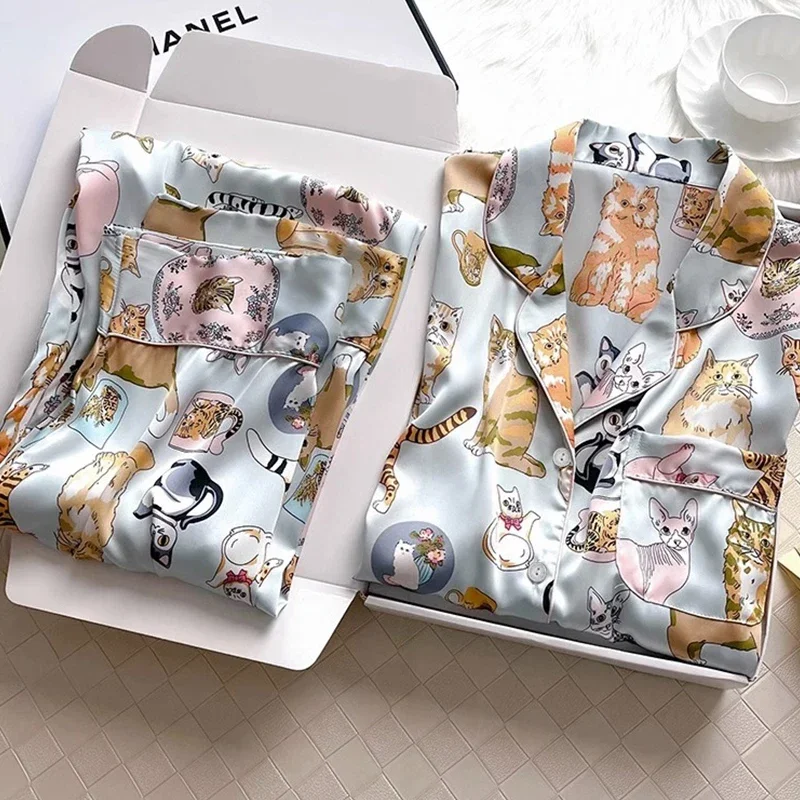 Autumn New Ice Silk Soft Pajamas for Women Lapel Button Cardigan Sets for Women 2 Pieces Cute Cat Printing Pajamas for Girls
