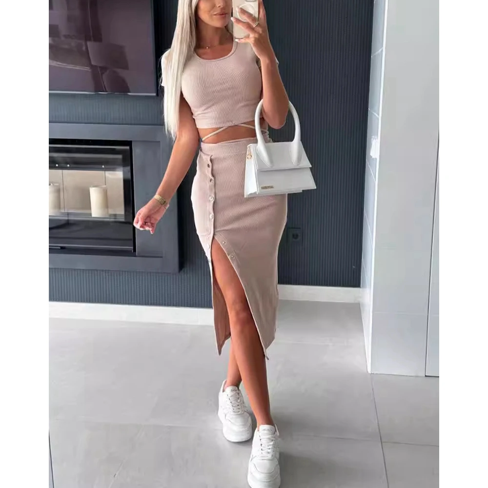 

Women Summer Ribbed Short Sleeve Tied Detail Top & Buttoned Decor Side Slit Midi Skirt Set Female Two Pieces Dress Outfits