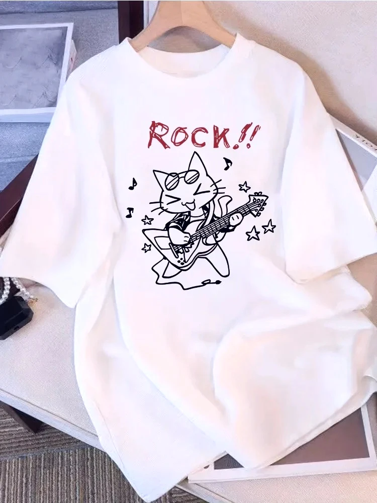 

Plus Size New Women's T-Shirt Rock Cat Printed Short Sleeve Harajuku Top Loose-Fit Y2K Casual Fashion Shirt Y2k Vintage Tee Top